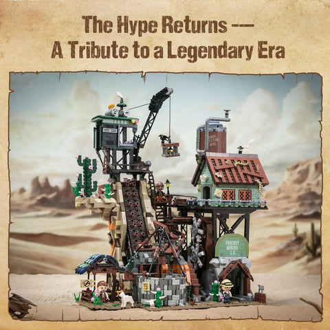 Epic Gold Rush Mining Diorama Set With Motorized Ball Loop And Type C Powered Gear System, Ore Bucket Lift, Exclusive Minifigures, Crane And Mine Scene For Adults, An Interactive Brick Kit showcasing a detailed Wild West mining scene with structures and minifigures.