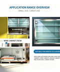 Application overview of heavy duty no drill glass door hinges for 4 to 7 mm glass in wine cabinets and bookshelves.