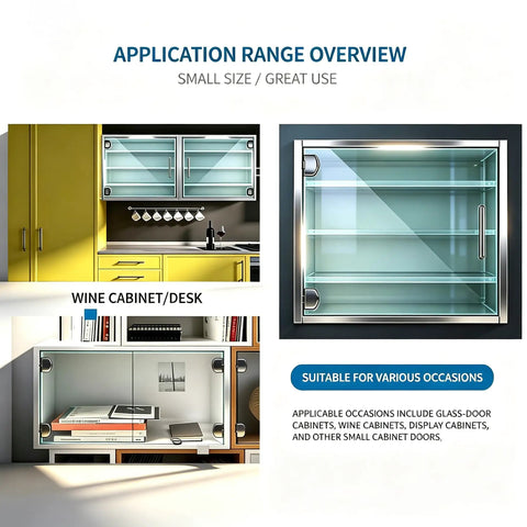Application overview of heavy duty no drill glass door hinges for 4 to 7 mm glass in wine cabinets and bookshelves.