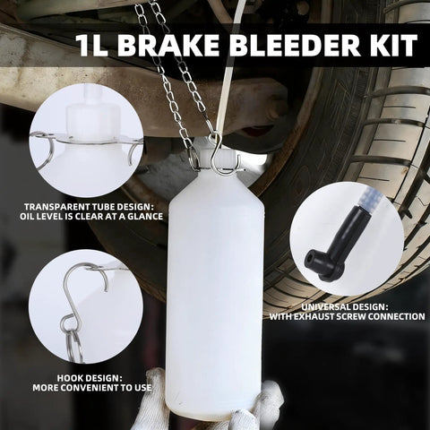 1L catch bottle from 3L Brake Bleeder Kit With Vacuum Pump, hanging with a silver hook, visible tire in background