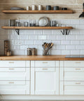 White kitchen with wooden shelves and Champagne Bronze Slim Cabinet Handles 10 Pack Solid Square Bar Drawer Pulls for Kitchen Cabinets