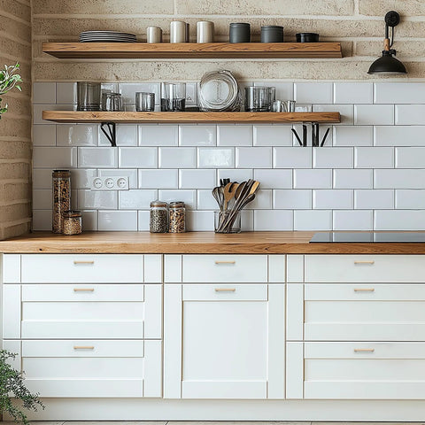 White kitchen with wooden shelves and Champagne Bronze Slim Cabinet Handles 10 Pack Solid Square Bar Drawer Pulls for Kitchen Cabinets