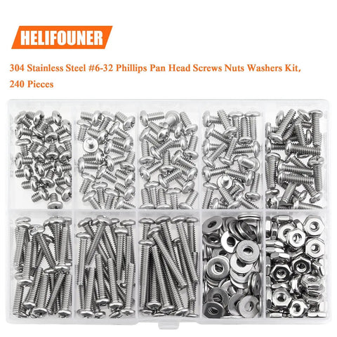 All-In-One 240-Piece Phillips Pan Head Machine Screws Kit With Nuts And Washers Size 6-32 Coarse Thread Fully Threaded 304 Stainless Steel