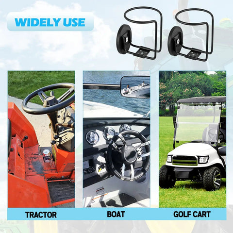 2 Pack Magnetic Cup Holder For Tractor And More, 3.54 Inch Diameter, Heavy Duty Stainless Steel Bottle Holder With Strong Magnetic Base For Forklift, Mower, Bus, Truck, Boat, Refrigerator And Treadmill shown on tractor and boat dashboards