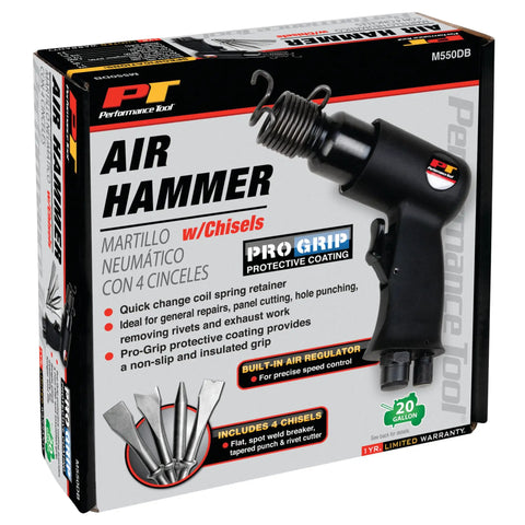 Box image of Air Hammer Kit With 4 Chisels And Built In Regulator For Auto Body Repairs Pro Grade Performance Quick Change Retainer