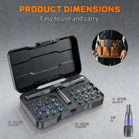 24 In 1 Magnetic Ratchet Screwdriver Set Featuring Detachable Handle And Integrated Mini Wrench, compact case open showing tool dimensions.