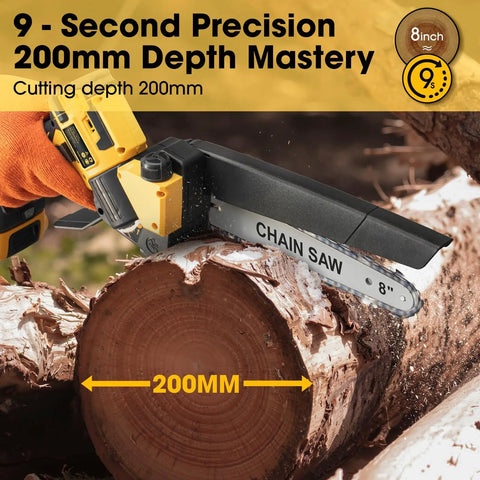20V Max Cordless Pruning Chainsaw With 8 Inch Blade cutting a log, showing depth measurement at 200mm, emphasis on precision.