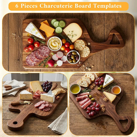 Slick Clear Acrylic Charcuterie Board Templates Kit With Three Woodworking Pens on wooden serving board with assorted cheeses and meats.
