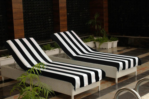 Two Pack Pool Lounge Chair Covers With Cabana Stripe Design Soft 100 Percent Ringspun Terry Cotton Oversized 32 Inch Wide By 82 Inch Long With A 7 Inch Pocket Black Beach Spa Chair Cover Set on pool chairs