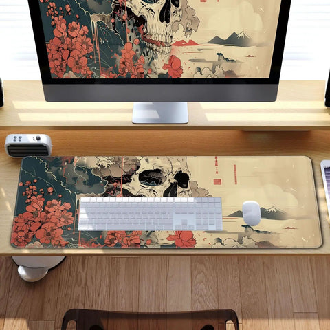 Ukiyoe Anime Skull Mouse Pad XXL Desk Mat For Gaming And Dope Desk Setup, Large 31.5 By 11.8 Inches, displayed on desk