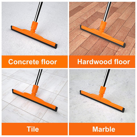 Heavy-Duty Floor Squeegee With 62-Inch Adjustable Handle And EVA Foam Blade on concrete, hardwood, tile, marble floors