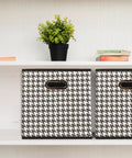 6-Pack Foldable Fabric Storage Bins featuring Fresh Houndstooth Pattern Reinforced Sides Closet Cubes for Nurseries and Kids Rooms White Black Non-Woven Material for Clothes and Toys on shelf with books.