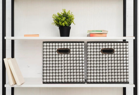 6-Pack Foldable Fabric Storage Bins featuring Fresh Houndstooth Pattern Reinforced Sides Closet Cubes for Nurseries and Kids Rooms White Black Non-Woven Material for Clothes and Toys on shelf with books.