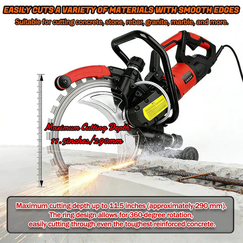 Heavy-Duty 16 Inch Electric Concrete Ring Saw With 9500W Toroidal Motor for wet cutting concrete and stone, 11.5-inch cut depth.