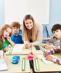 Teacher and students in classroom with 48 Pcs Cactus Name Tags Set With Four Fun Designs For Classroom Desk Labels Bulletin Boards