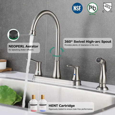 8 Inch High Arc Kitchen Faucet With Dual Handles And Side Sprayer Brushed Nickel 3 Hole Centerset Easy Install 360 Degree Swivel Spout Ceramic Disc Cartridge Hot And Cold Supply Lines CUPC Certified in modern kitchen