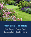 Beautiful garden with rose bushes and trees, suitable for 3 In 1 Insecticide And Fungicide For Plants Ready To Spray 32 Oz Boss Level Pest Defense.