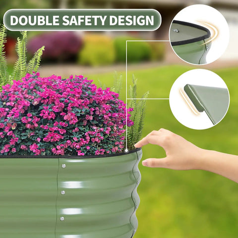 Galvanized Raised Garden Bed Kit For Outdoor Use 4x2x1 Feet Durable Metal Planter Box For Vegetables And Flowers With Tools Included No Hassle Setup Green Finish, side view showing plant and edge detail.