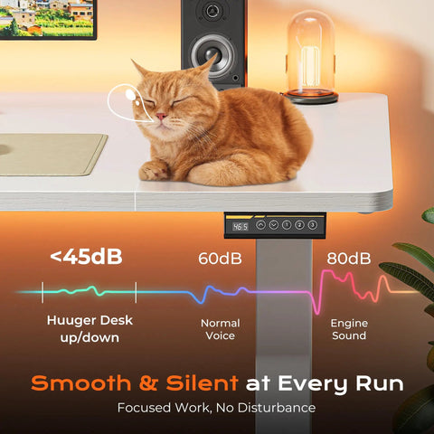Massive 55 Inch Electric Standing Desk White Huge Gaming Computer Table Height Adjustable with cat on surface and control panel visible.