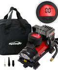 12V DC Portable Air Compressor With Digital Pressure Gauge And Bright Led Light For Cars Bikes And Midsize SUV, compact design, includes carrying case.