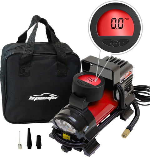 12V DC Portable Air Compressor With Digital Pressure Gauge And Bright Led Light For Cars Bikes And Midsize SUV, compact design, includes carrying case.