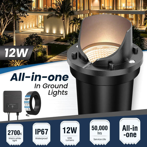 All In One Low Voltage Landscape Lighting Kit With 12W LED Well Lights IP67 Outdoor In Ground Waterproof