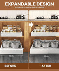 Set Of Two White Pull Out Cabinet Organizer Shelves, Expandable Roll Out Pantry Drawer With Slick Glide Rails, Deep 21 Inch Sliding Tray For Kitchen Cupboards, Fits 12 To 20 Inches, Hassle Free Install displaying before and after installation.