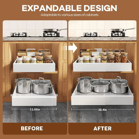 Set Of Two White Pull Out Cabinet Organizer Shelves, Expandable Roll Out Pantry Drawer With Slick Glide Rails, Deep 21 Inch Sliding Tray For Kitchen Cupboards, Fits 12 To 20 Inches, Hassle Free Install displaying before and after installation.