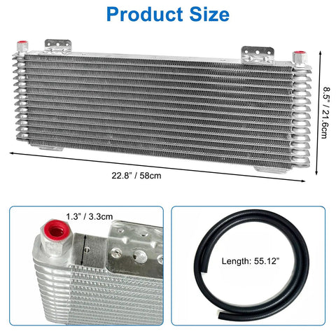 Heavy Duty 40k Transmission Oil Cooler Kit For Towing And Large Trucks With Low Pressure Drop And Max 40,000 GVW, product size dimensions