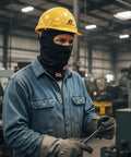 Worker wearing Flame Resistant Balaclava Hood For Welding 7oz Cotton FR Face Mask Arc Rated NFPA 2112 CAT2 in a workshop