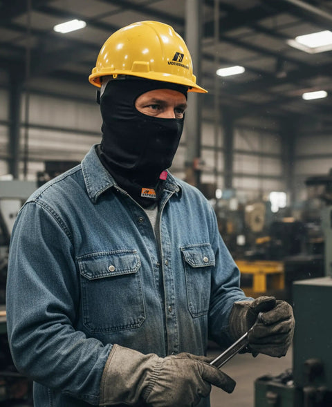 Worker wearing Flame Resistant Balaclava Hood For Welding 7oz Cotton FR Face Mask Arc Rated NFPA 2112 CAT2 in a workshop