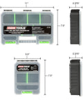 All In One Tool And Parts Organizer Set With An 11 Inch Nine Compartment Tray And Two Five Point Five Inch Six Compartment Trays, Clear Tops For Quick Part Identification And Removable Dividers For Customizable Storage In Your Garage Or Shop; diagram showing dimensions of three-piece organizer.