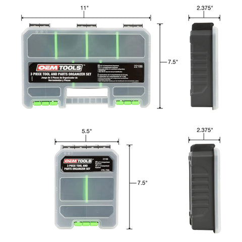 All In One Tool And Parts Organizer Set With An 11 Inch Nine Compartment Tray And Two Five Point Five Inch Six Compartment Trays, Clear Tops For Quick Part Identification And Removable Dividers For Customizable Storage In Your Garage Or Shop; diagram showing dimensions of three-piece organizer.