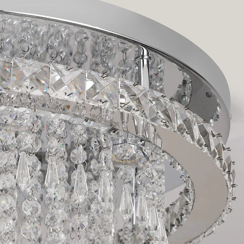 Crystal Chandelier LED Ceiling Light 19.6 Inch Flush Mount Fixture For Living Room Bedroom Kitchen Dining Room Cool White Glow Lit Modern Sparkling Decor Accent with crystals and steel body close-up