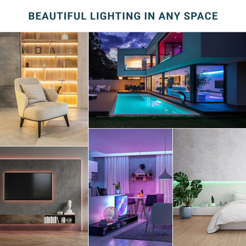 Dimmable 24V RGB COB LED Strip Light Kit 16.4ft UL Listed 12W/M Flexible Cuttable Lighting For Bedroom Kitchen DIY Home Decor With IR Remote And Power Supply Included in various home settings.