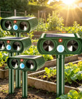 4 Pack Upgraded Sonic Ultrasonic Deer Repellent Devices With Solar Power Waterproof Outdoor Motion Sensor Deterrent For Cats Squirrels Rabbits Raccoons Skunks In Your Yard, green stake units in garden bed