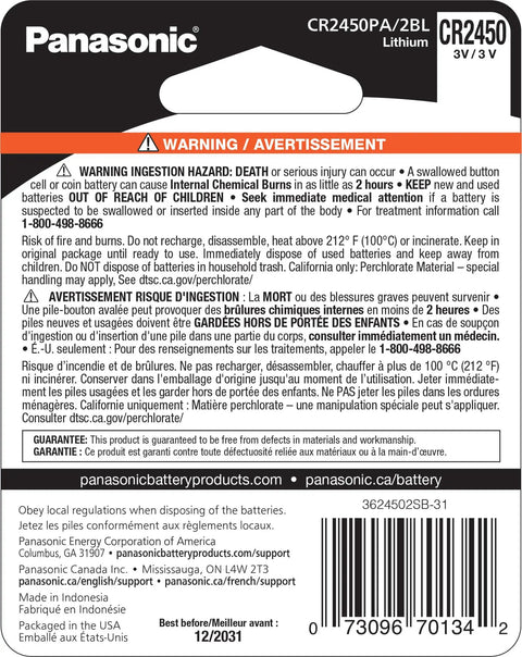 CR2450 3V Lithium Coin Cell Batteries 2 Pack Solid Juice That Goes The Distance With Secure Child Resistant Packaging, warning label.