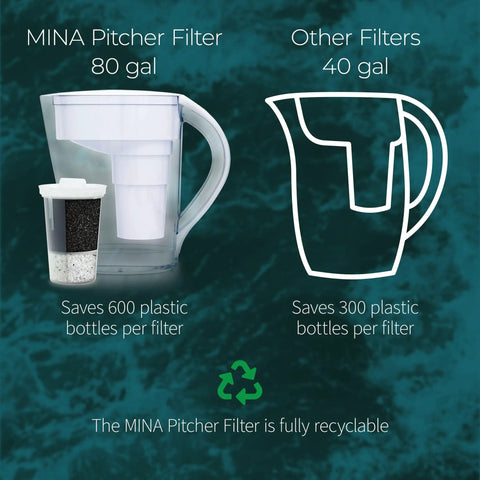 Comparison of MINA Alkaline Water Filter 3 Pack For At Home Pitcher and other filter, showing capacity and recyclability.