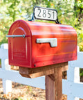 Red mailbox on wooden post with address number beside Black Double Sided Address Plaque Kit With 2 White Reflective Panels, 77 Vinyl Numbers, Multiple Mounting Feet For Post Wall Or Mailbox, Easy Number Template, Measures 12.68 W X 4 H Inches