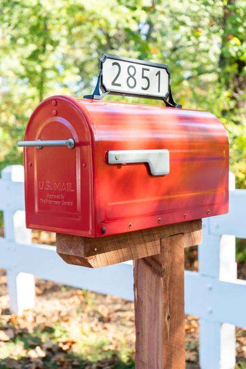 Red mailbox on wooden post with address number beside Black Double Sided Address Plaque Kit With 2 White Reflective Panels, 77 Vinyl Numbers, Multiple Mounting Feet For Post Wall Or Mailbox, Easy Number Template, Measures 12.68 W X 4 H Inches