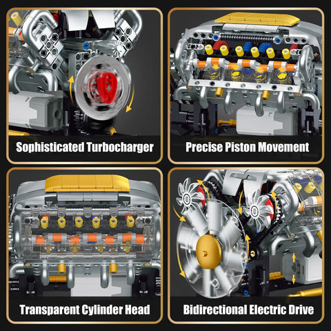 V8 Engine Model Kit That Runs Hands On Build Your Own Mini Visible Car Motor Realistic Piston Motion Turbocharger Science DIY Set For Adults Teens 14 And Up 703 Piece STEM Toy Gift showing detailed components like turbocharger and piston movement.