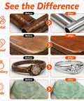 Before and after results of 90 Piece Buffing And Polishing Wheel Set For Rotary Tools on metal, wood, jewelry, and jade.
