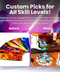 DIY Guitar Picks Punch Mega Pack For Musicians Custom Pick Maker Kit showing before and after of colorful pick creation
