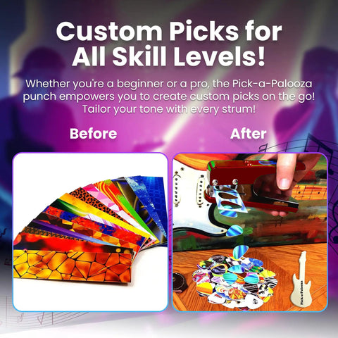 DIY Guitar Picks Punch Mega Pack For Musicians Custom Pick Maker Kit showing before and after of colorful pick creation