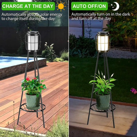 Side by side view of Dope Solar Outdoor Floor Lamp With Plant Stand 2 Pack Waterproof Metal Garden Lights on deck.