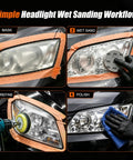 192 Piece Drill Sanding Disc Kit With 60 To 5000 Grit Polish Attachments Includes Soft And Foam Pads Plus Adapter Shanks For Serious Home Reno Projects That Get A Smooth Finish Every Time, demonstrating headlight wet sanding process.