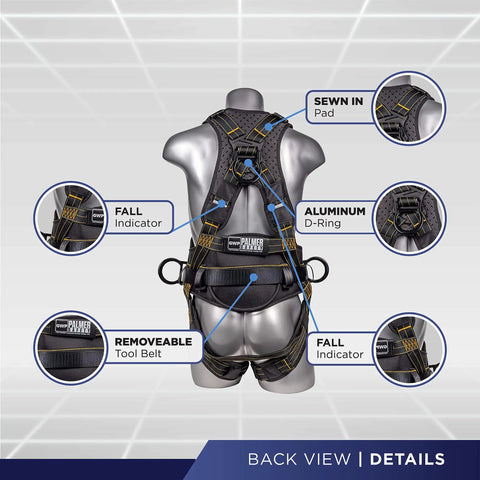 Back view of Built Tough Fall Protection Harness with Five Point System, aluminum D-rings, and removable tool belt details.