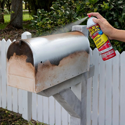 Hella Tough Rubber Sealant Spray Coating That Patches Roof Leaks Quick And Lays Down Flexible Waterproof Armor For Easy Whole House And Garage Fixes In A Six Pack Bundle applied on a metal mailbox.