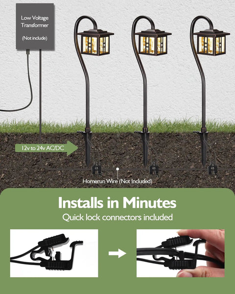 Low Voltage Pathway Lights 12V 3W 185LM Warm White 3000K ORB Waterproof Garden Lights With Quick Connectors Die Cast Aluminum Integrated LED 4 Pack For Walkways And Yards, showcasing installation with quick lock connectors.