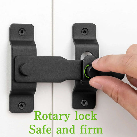 Close-up of Matte Black Stainless Steel Barn Door Latch 4.33 By 3.23 Inch being installed on door, showing rotary lock mechanism.